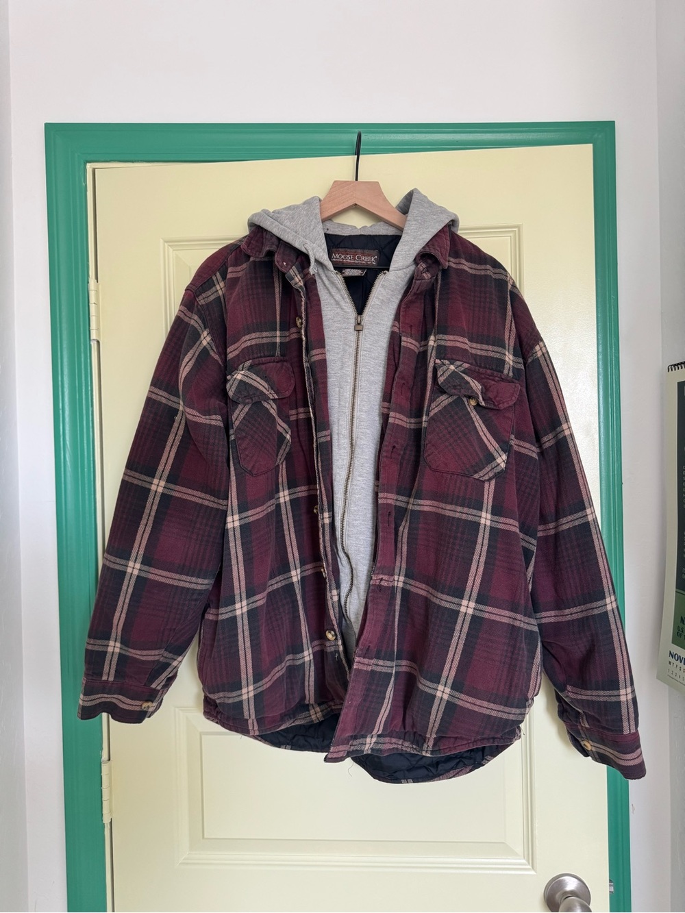 Men's Burgundy Plaid Lightweight Shirt Jacket with Gray Hooded Liner